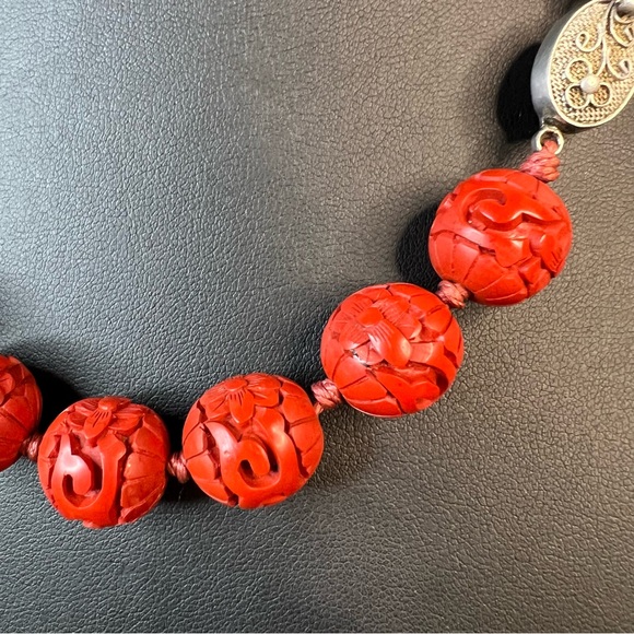 Vintage Authentic Cinnabar Set of Necklace, Bangle Bracelet & Pierced Earrings - Picture 12 of 14